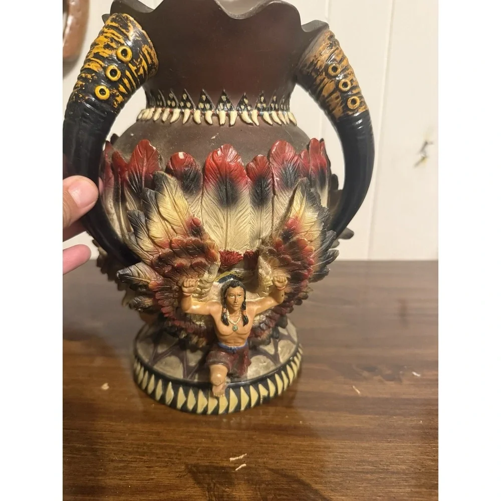 Vintage Native American WarriorDecorative Vase with BuffaloHorn Handles